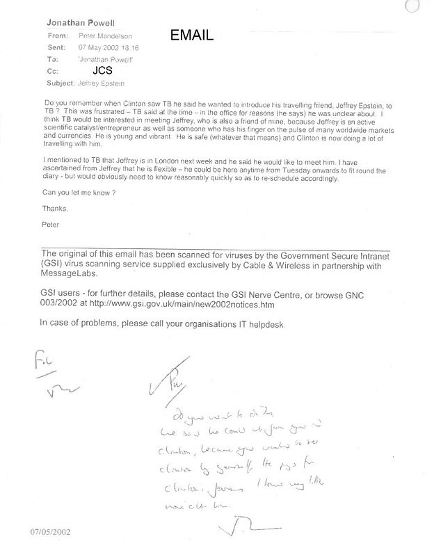 Peter Mandelson files show how shamed peer pushed for Tony Blair to meet ‘young and vibrant’ Jeffrey Epstein in No10 and described paedophile financier as ‘safe’