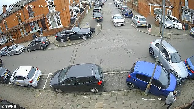 Moment speeding Mercedes driver smashes into parked cars in front of horrified families