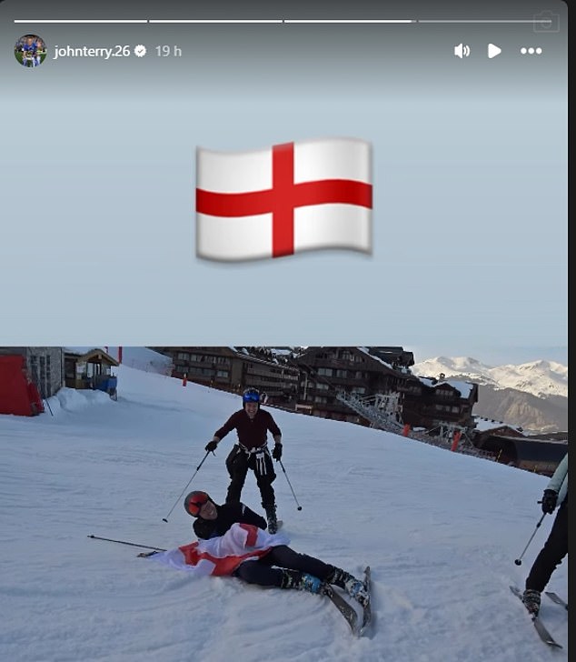 John Terry tumbles down ski slope in Courchevel after ‘drinking all day and smashing tequilas’ before skiing with St George’s flag in hand