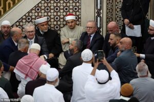 Tense moment as Anthony Albanese is heckled at Sydney mosque and branded a ‘genocide supporter’