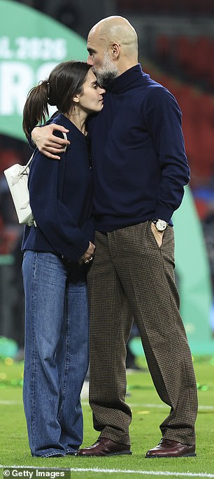 Pep Guardiola lingers for a sweet moment with daughter Maria on the Wembley pitch as he weighs up whether to QUIT Manchester City despite Carabao Cup final success