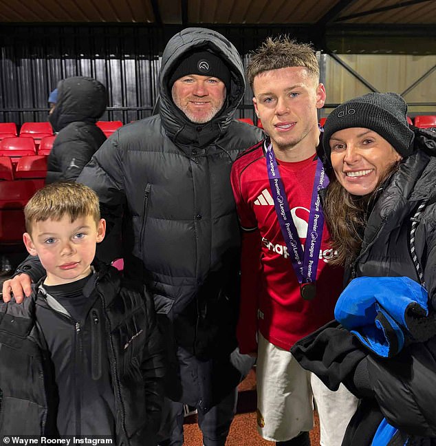 Coleen and Wayne Rooney are every inch the proud parents as son Kai, 16, follows in his dad’s football footsteps and wins the Under 16 Premier League Shield with Manchester United