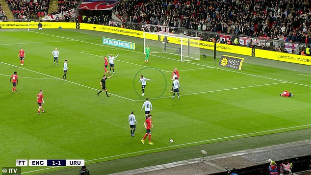 Farcical refereeing decision sees Man United star escape red card despite being brandished TWO yellow cards in England’s draw with Uruguay at Wembley – in new ‘Graham Poll’ moment