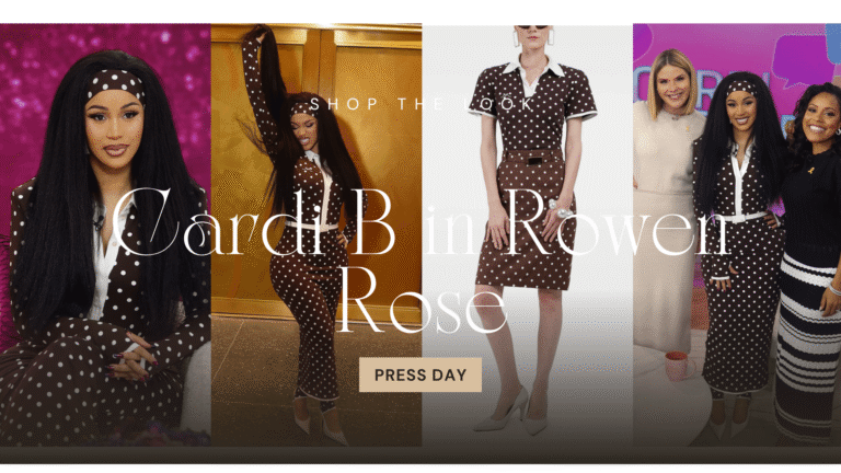 Cardi B in Brown Polka Dot Rowen Rose for Press Day Talking Little Miss Drama Tour and Grow Good Beauty