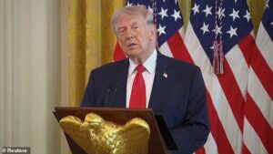 Trump mocks Macron as he uses TV address to condemn Europe for failing to help open Strait of Hormuz  – but claims war will end ‘shortly’