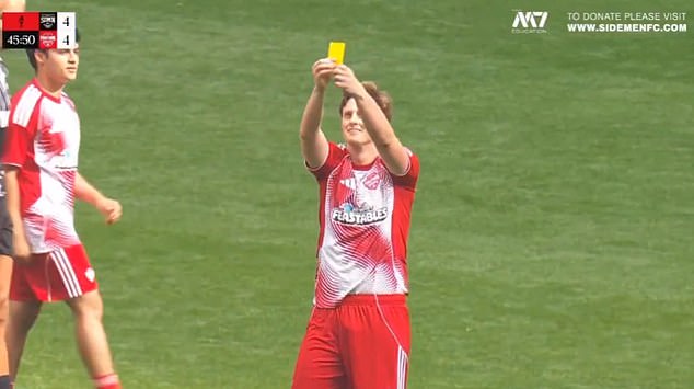 Bizarre moment YouTube star sets FIRE to yellow card in Sidemen charity match at Wembley – after being booked by ex-Premier League referee