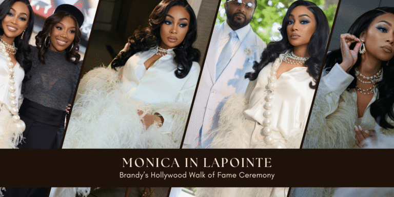 Monica Steps Out with Husband Anthony “Ant” Wilson at Brandy’s Hollywood Walk of Fame Ceremony in Ivory Feathered LaPointe Silk Blouse and Coordinating Trousers