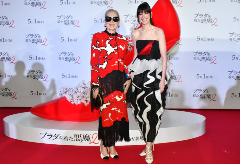 The Devil Wears Prada 2 Tokyo Fan Event: Anne Hathaway in Black and Ivory Valentino Couture Silk Gown and Meryl Streep in Red and Black Chanel Metiers d’Art Fringe Tweed Set