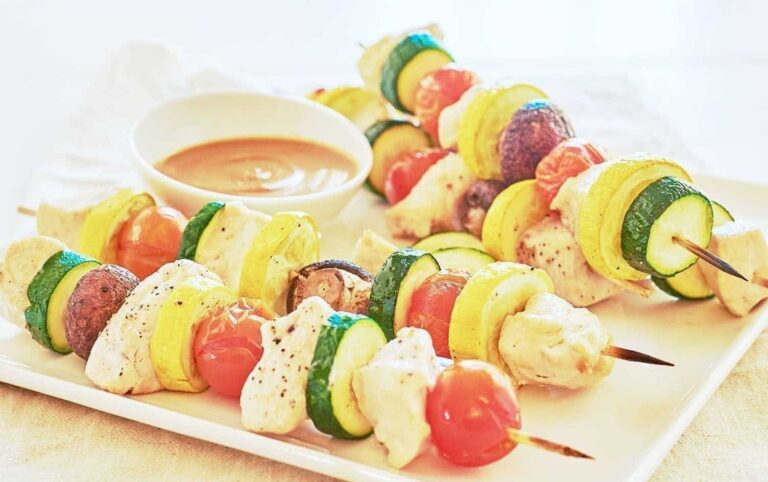 Chicken-Veggie Skewers with Peanut Sauce