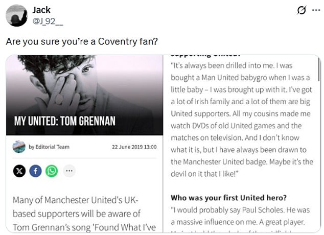 Singer Tom Grennan called out for glory-hunting at Coventry’s Premier League promotion parade – as fans uncover his ‘love’ for Man United after he claimed ‘this is my grandma’s club’