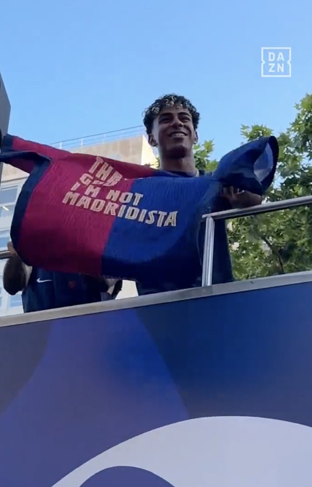 Lamine Yamal brutally mocks Real Madrid at Barcelona’s LaLiga parade after star appeared to make dig at Jude Bellingham on social media