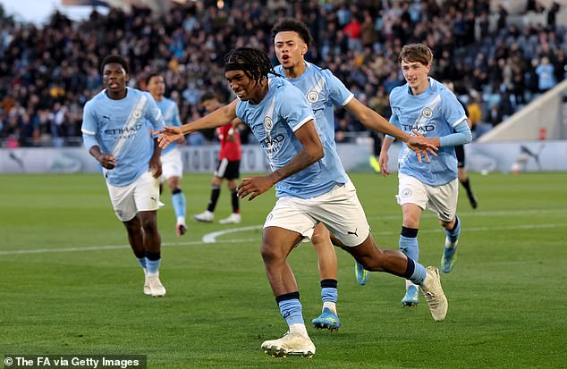 Man City win the FA Youth Cup: Premier League legend’s son inflicts final heartbreak on Man United as Pep Guardiola toasts youngsters’ triumph before travelling to London for FA Cup final