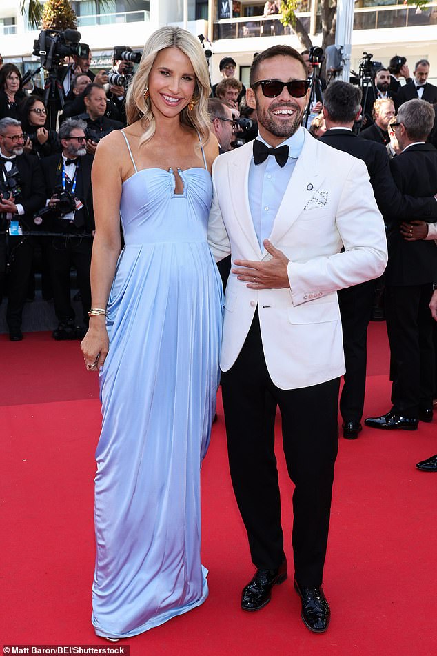 Vogue Williams looks elegant in baby blue as she hits the red carpet with husband Spencer Matthews and Nicky Rothschild at The Beloved premiere during the Cannes International Film Festival