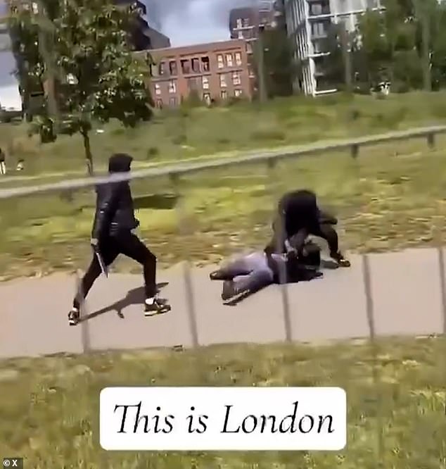 A brutal machete duel at Sunday lunchtime, another scene from Khan’s ‘safe’ London: Video captures masked teens attacking each other with machetes in broad daylight in family park