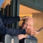 Letting his heir down! Prince William gets a playful pat on the head from old pal Edward van Cutsem as they lark about on rare boys’ night out at the football