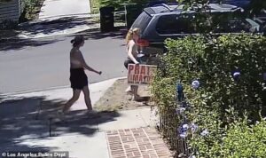Woke tattooed woman in running gear seen ripping up Spencer Pratt for Mayor signs from LA homeowner’s yard