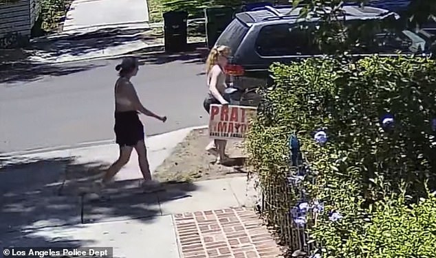 Woke tattooed woman in running gear seen ripping up Spencer Pratt for Mayor signs from LA homeowner’s yard