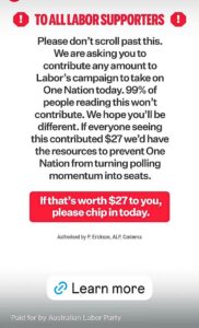 Labor sounds the alarm over One Nation surge as party begs supporters for $27 donations