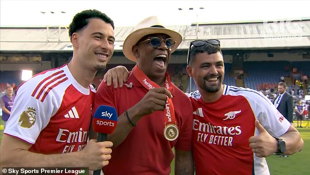 Jamie Redknapp accuses Ian Wright of ‘going full Salt Bae’ as he abandons his work as Sky Sports pundit to celebrate with title-winning Arsenal stars – and wear one of their medals!