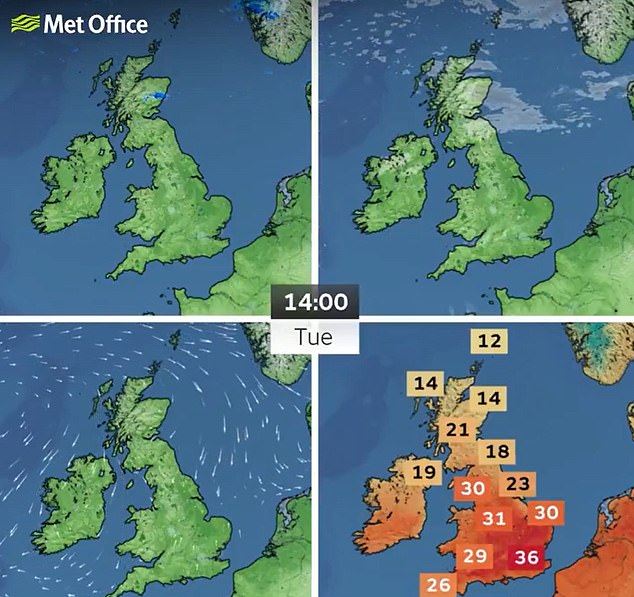 Tuesday is going to be even HOTTER, Met Office warns: UK weather map reveals where mercury is expected to hit 36C tomorrow – after today’s record breaking May day