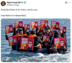 Burnham clashes with Nigel Farage over attack ad showing Channel migrants with ‘Vote Andy’ placards