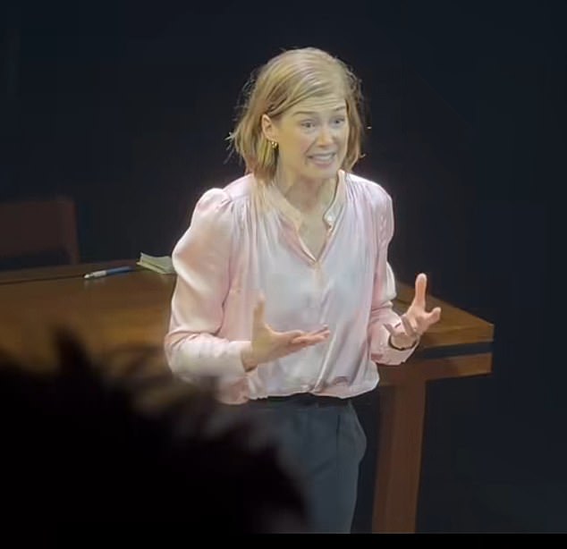 ‘Someone was texting, you know who you are’: Moment Rosamund Pike berates audience member for using their phone during finale of West End play