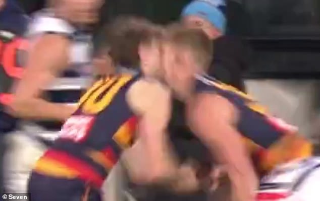 Adelaide Crows Toby Murray and Hugo Hall-Kahan played out the match against Geelong despite THIS ugly head clash. Now their coach has defended the doctor who allowed it to happen