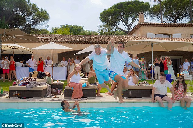 Ralf Schumacher ignores ex-wife’s jibe at him about ‘which way the race was headed’ as wild wedding celebrations continue with Formula One’s first gay driver, 50, jumping into a pool with his 36-year-old new husband