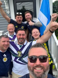 American makes peace with Scottish fans who started up the bagpipes at 6.30am – by treating them to a few cans of beer