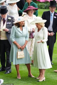 Another royal repurpose! Carole Middleton stuns in mint green dress she wore at Meghan and Harry’s 2018 wedding as she mingles with Queen Camilla and Zara Tindall at Ascot