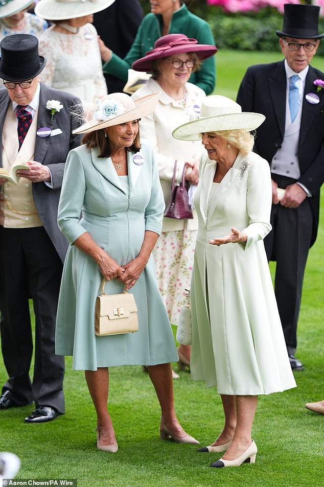 Another royal repurpose! Carole Middleton stuns in mint green dress she wore at Meghan and Harry’s 2018 wedding as she mingles with Queen Camilla and Zara Tindall at Ascot