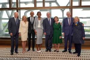 It’s the Democrats’ big day out! Clintons rub shoulders with Bushes as liberal moguls Oprah and Colbert descend on Obama library’s grand opening ceremony