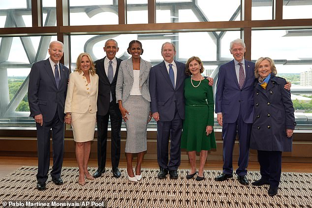 It’s the Democrats’ big day out! Clintons rub shoulders with Bushes as liberal moguls Oprah and Colbert descend on Obama library’s grand opening ceremony