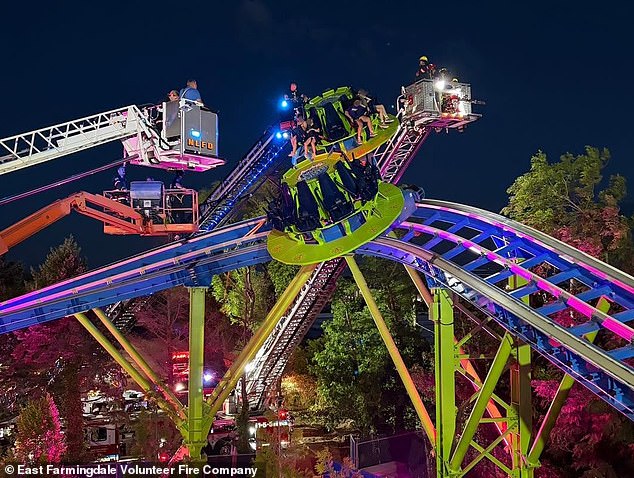 Horror at theme park after ride malfunctions and crying children left dangling 25ft in the air for THREE HOURS