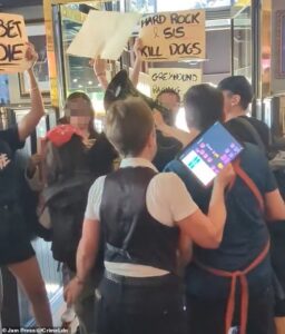 Moment anti-greyhound racing protesters storm Hard Rock Café with placards and megaphones as confused diners watch on