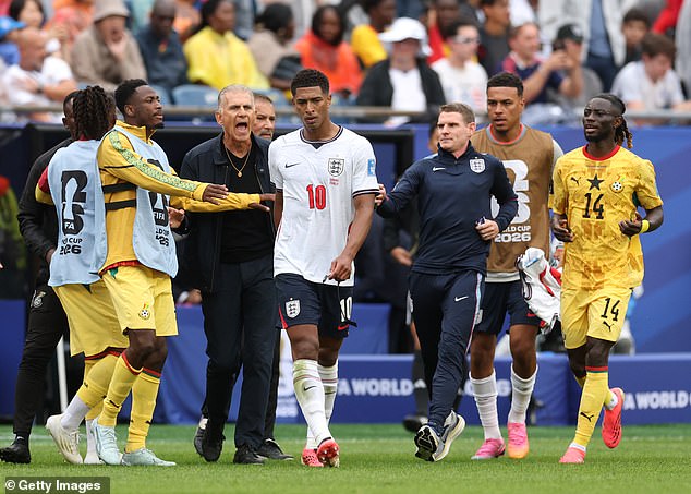 Jude Bellingham involved in half-time bust up with Ghana manager Carlos Queiroz with former Man United assistant held back by players in tense exchange in Boston