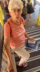 Shocking moment man BLOCKS 80-year-old woman trying to go up stairs from Tube platform and refuses to move as he tells her: ‘You’ve got legs’