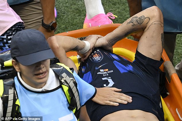 Heartbroken Manuel Ugarte leaves the pitch in tears as he is stretchered off on World Cup duty with Uruguay – leaving Man United facing a nervous wait over star’s fitness which could put huge midfield overhaul at risk