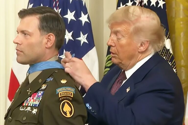 Donald Trump Ties Congressional Medal of Honor Around Recipient's Neck After Struggling to Clasp It in Viral Ceremony Moment