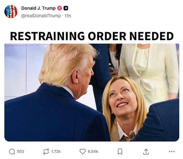 Trump reignites feud with Giorgia Meloni as he mocks Italian PM with ‘restraining order needed’ picture ahead of crunch Nato summit