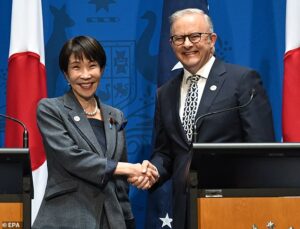 Japan’s Prime Minister is drawn into Albo’s train wreck podcast appearance in which he made cringeworthy ‘shag’ comment about Kylie Minogue