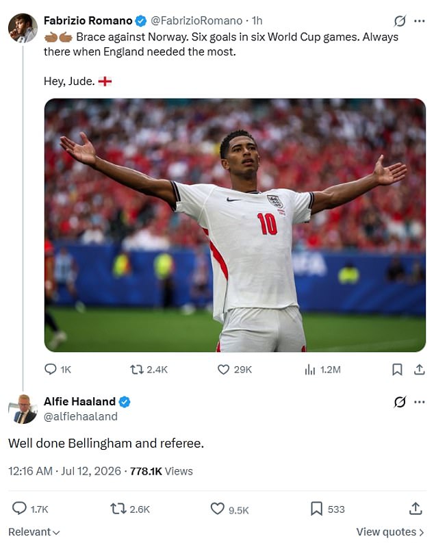 Alfie Haaland aims dig at referees after Norway are knocked out by England in the World Cup quarter-final – after son Erling was bizarrely subbed OFF despite his side needing a goal in Miami