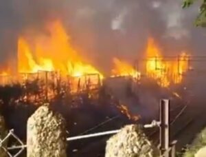 Moment huge flames engulf London railway line as heatwave raises wildfires risk with firefighters tackling infernos across Britain