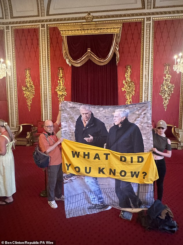 Anti-monarchy protesters unfurl Andrew and Epstein banner in Buckingham Palace throne room