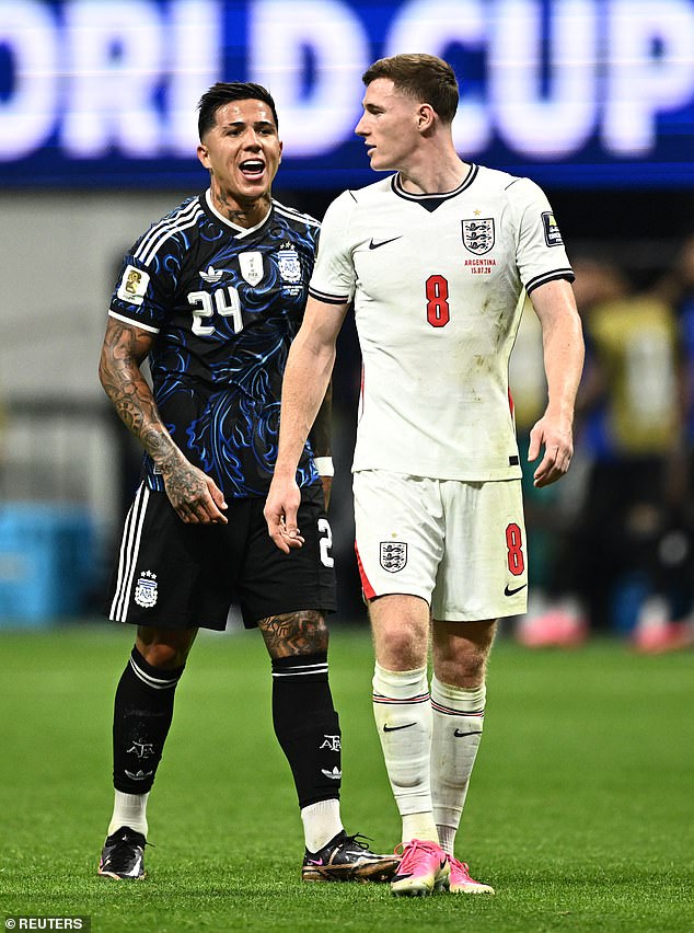 Should Argentina’s goalscorer have been on the pitch to break England’s hearts? Furious Three Lions fans claim Enzo Fernandez should have been sent off for brutal third-minute elbow in ANOTHER lucky escape amid ‘rigging’ accusations