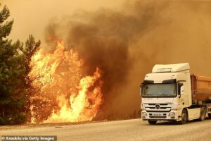 More European tourism destinations are hit by wildfires as villages are evacuated on top Greek holiday island and France battles flare ups in 40C heat